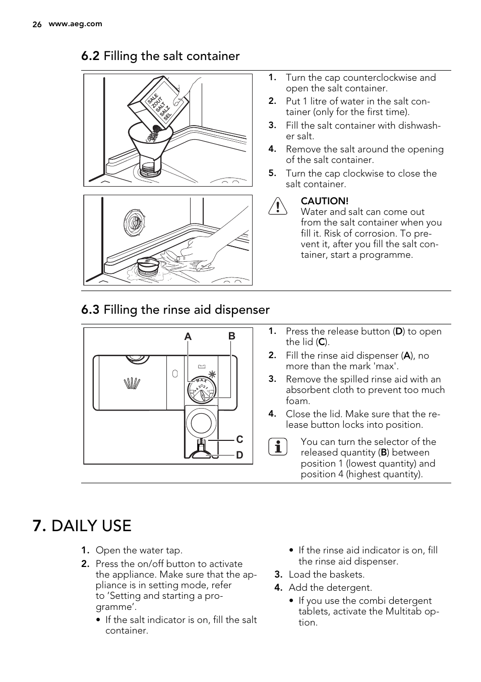 Daily use, 2 filling the salt container, 3 filling the rinse aid dispenser | AEG F67032IM0P User Manual | Page 26 / 68