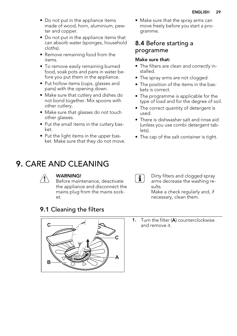 Care and cleaning, 4 before starting a programme, 1 cleaning the filters | AEG F67032IM0P User Manual | Page 29 / 68