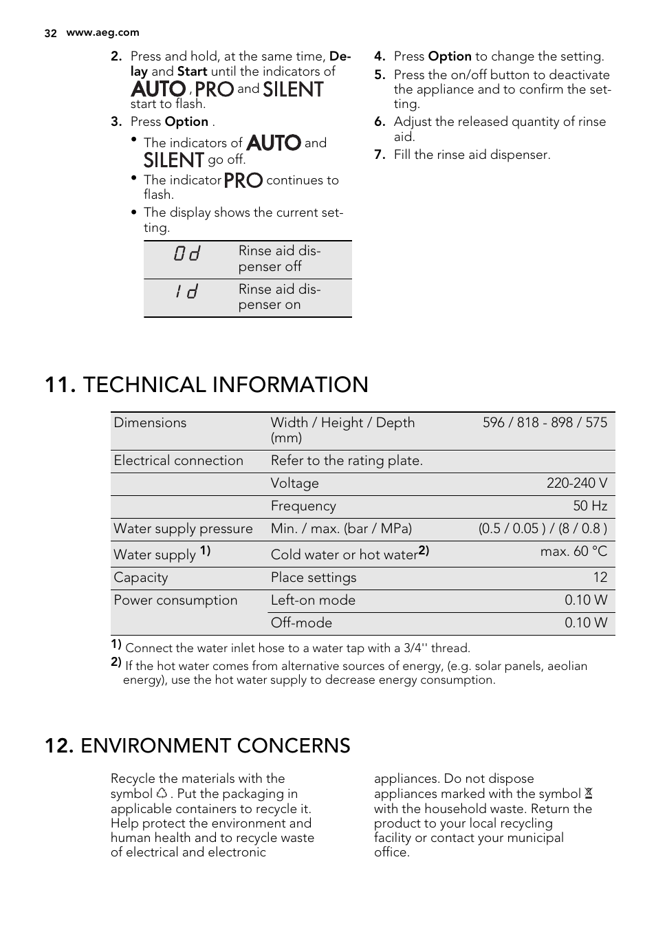 Technical information, Environment concerns | AEG F67032IM0P User Manual | Page 32 / 68