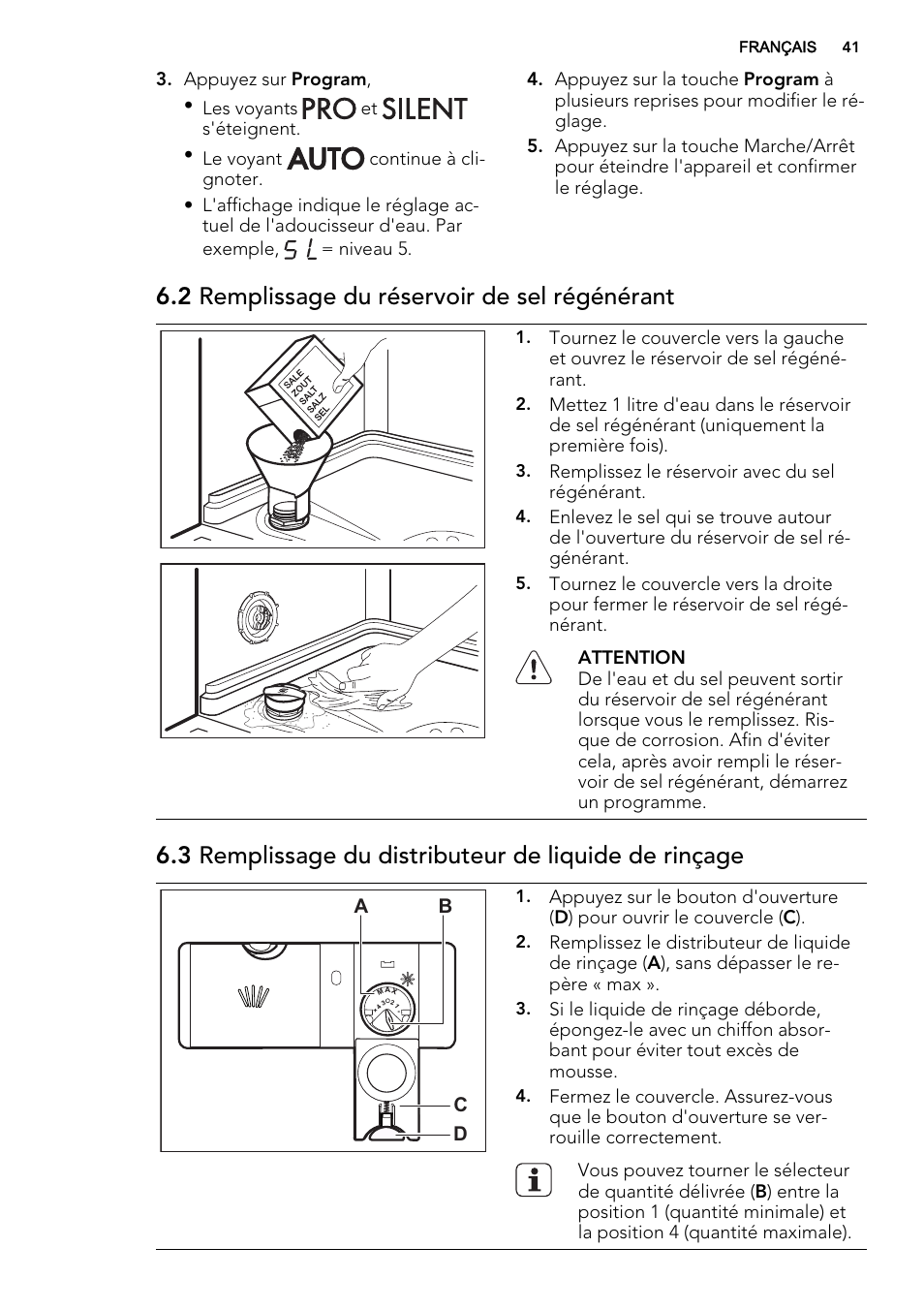2 remplissage du réservoir de sel régénérant | AEG F67032IM0P User Manual | Page 41 / 68