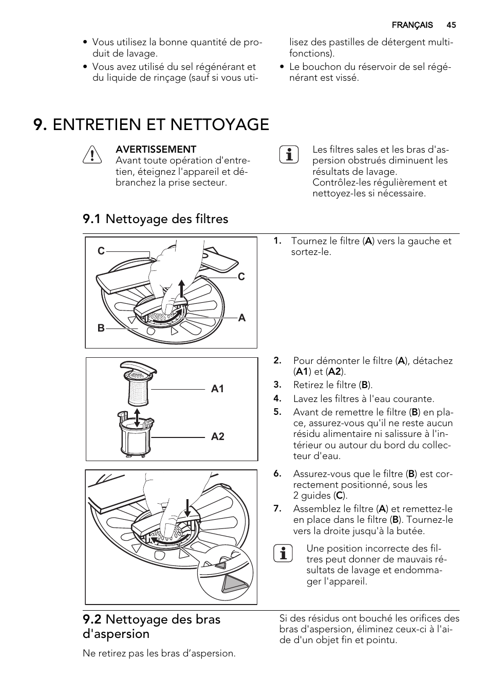 Entretien et nettoyage, 1 nettoyage des filtres, 2 nettoyage des bras d'aspersion | AEG F67032IM0P User Manual | Page 45 / 68