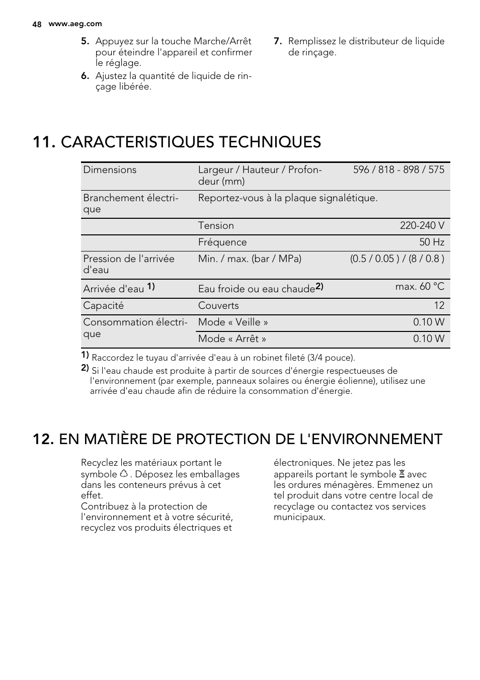 Caracteristiques techniques, En matière de protection de l'environnement | AEG F67032IM0P User Manual | Page 48 / 68