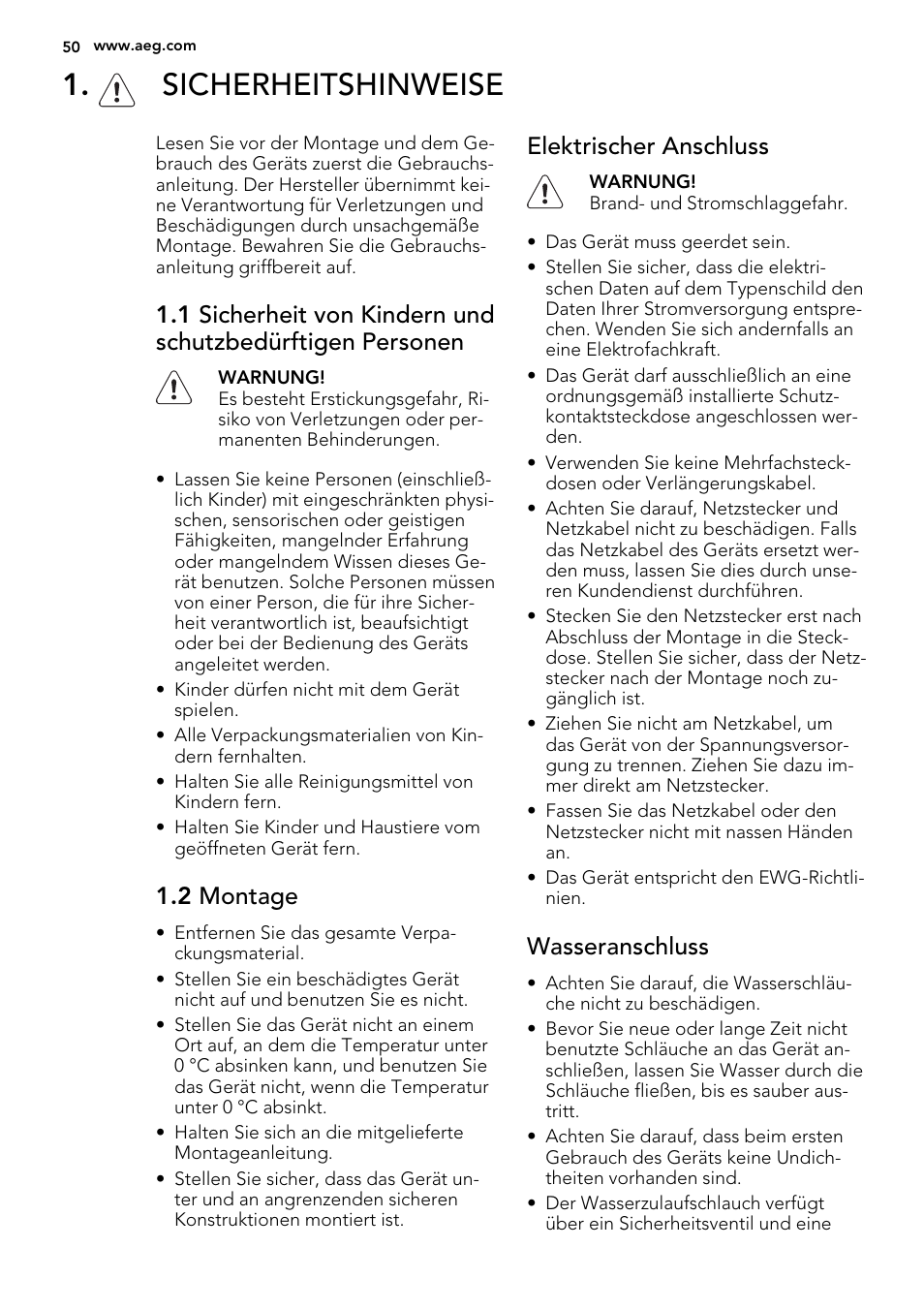 Sicherheitshinweise, 2 montage, Elektrischer anschluss | Wasseranschluss | AEG F67032IM0P User Manual | Page 50 / 68