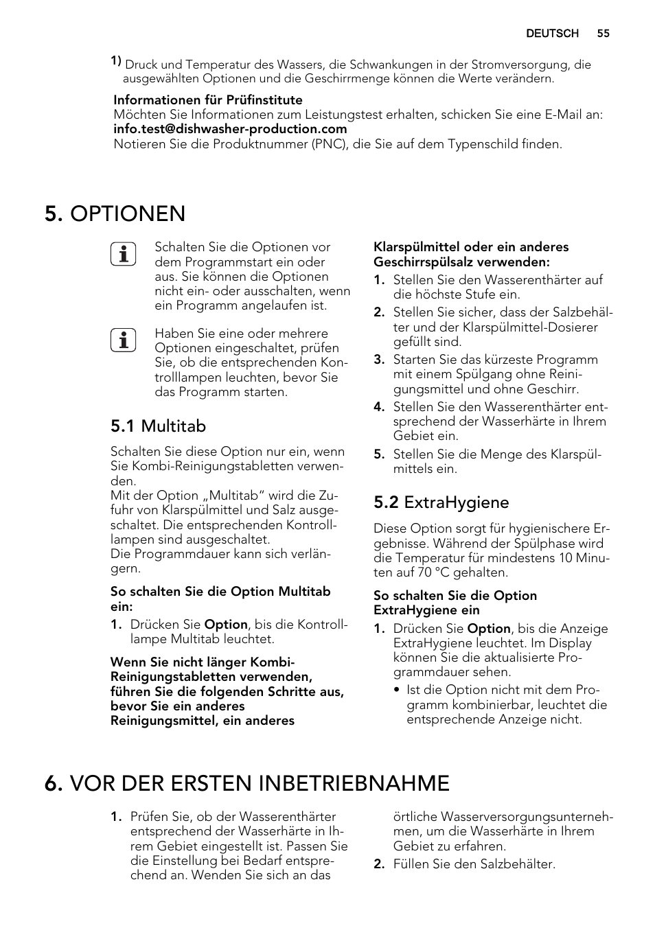 Optionen, Vor der ersten inbetriebnahme, 1 multitab | 2 extrahygiene | AEG F67032IM0P User Manual | Page 55 / 68