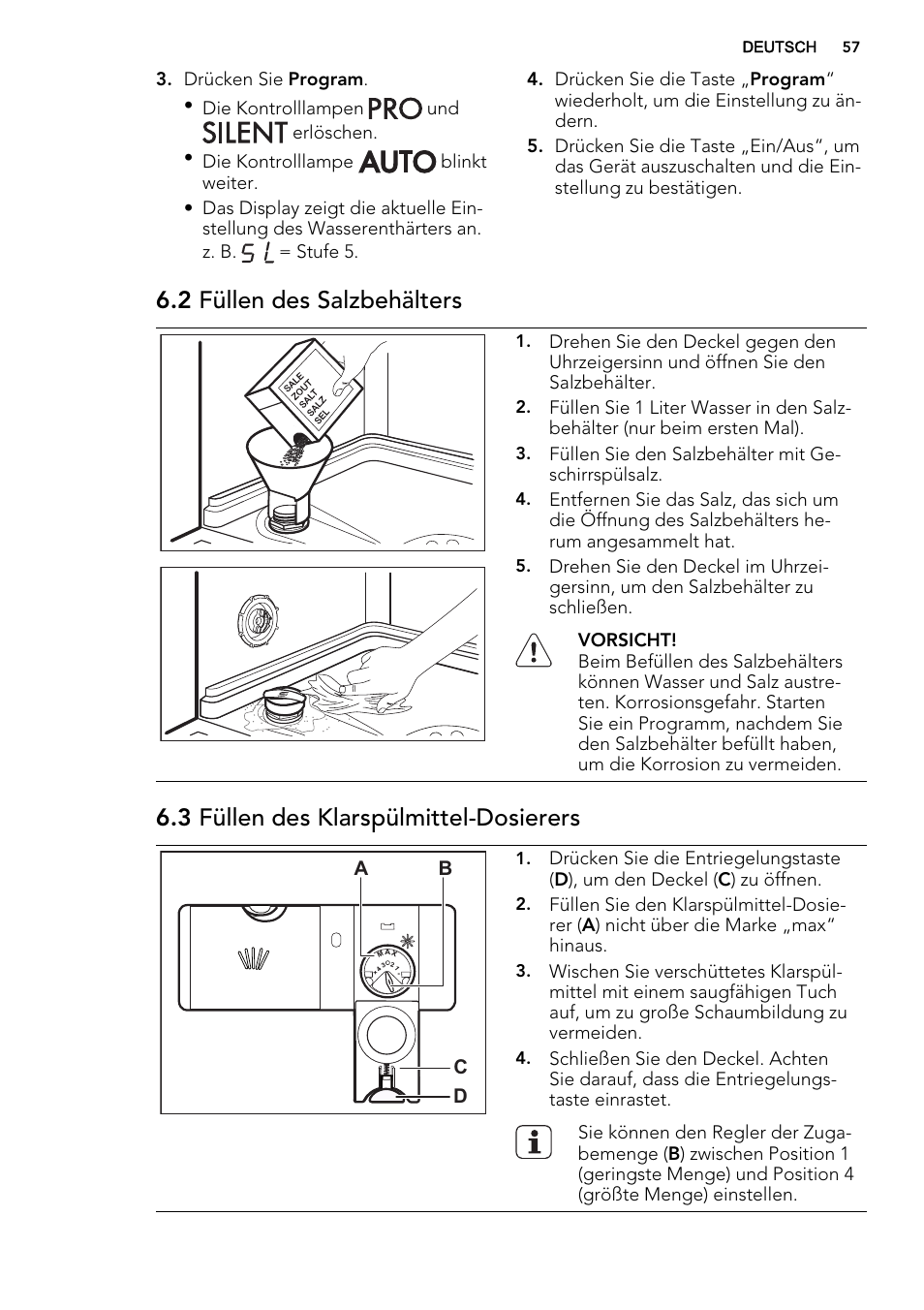 2 füllen des salzbehälters, 3 füllen des klarspülmittel-dosierers | AEG F67032IM0P User Manual | Page 57 / 68
