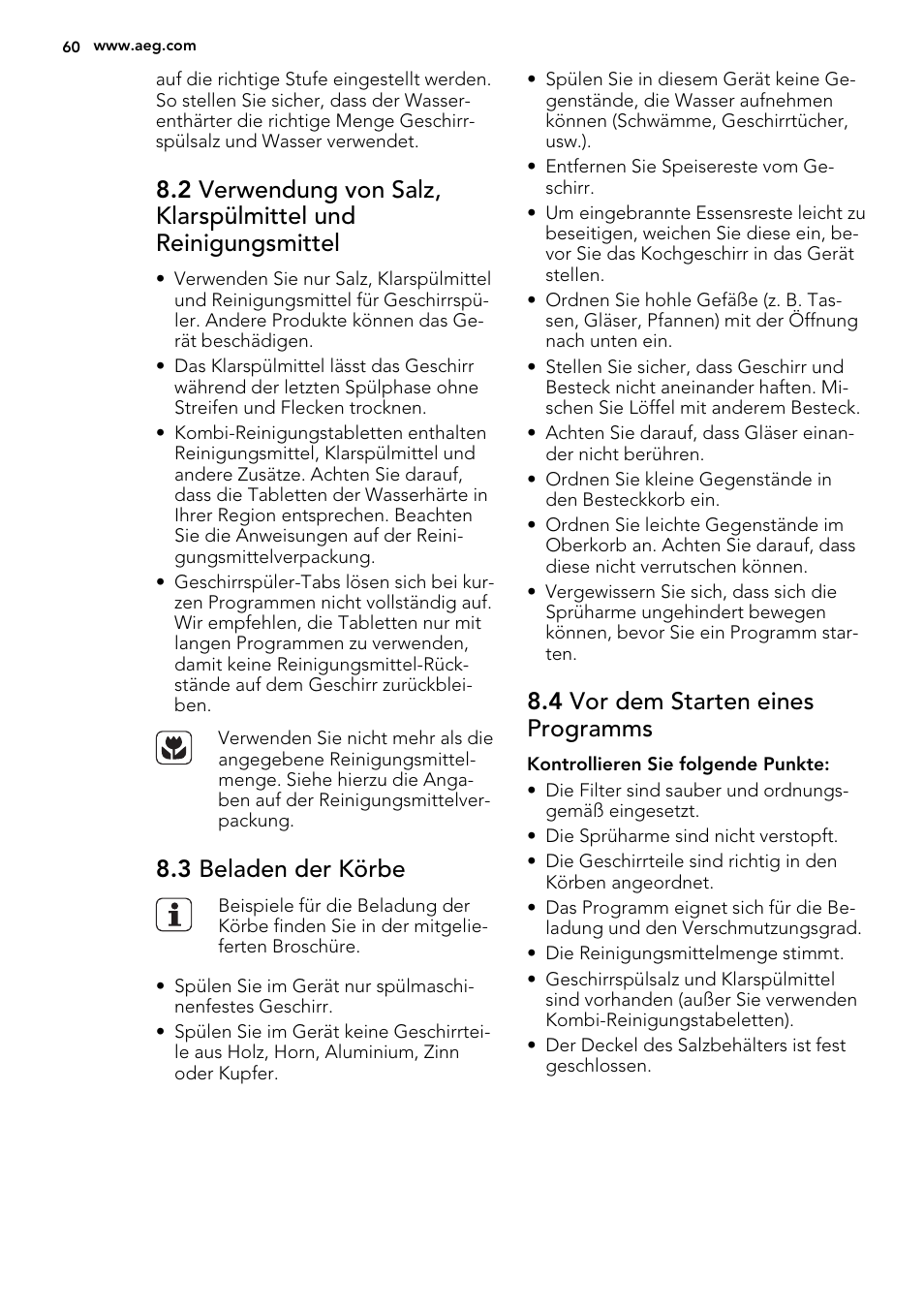 3 beladen der körbe, 4 vor dem starten eines programms | AEG F67032IM0P User Manual | Page 60 / 68