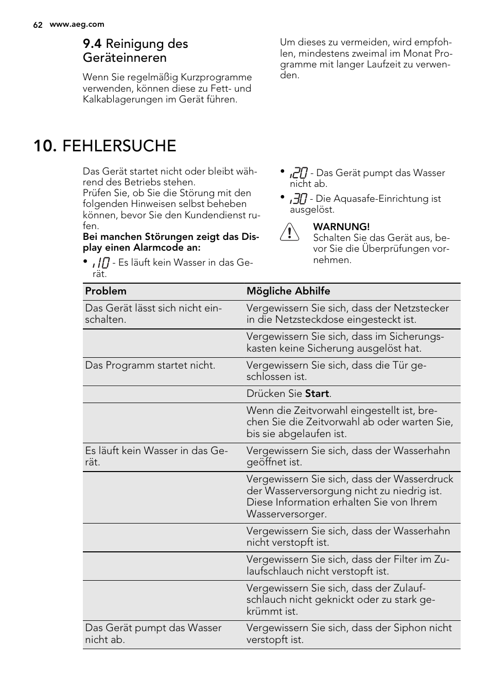 Fehlersuche, 4 reinigung des geräteinneren | AEG F67032IM0P User Manual | Page 62 / 68