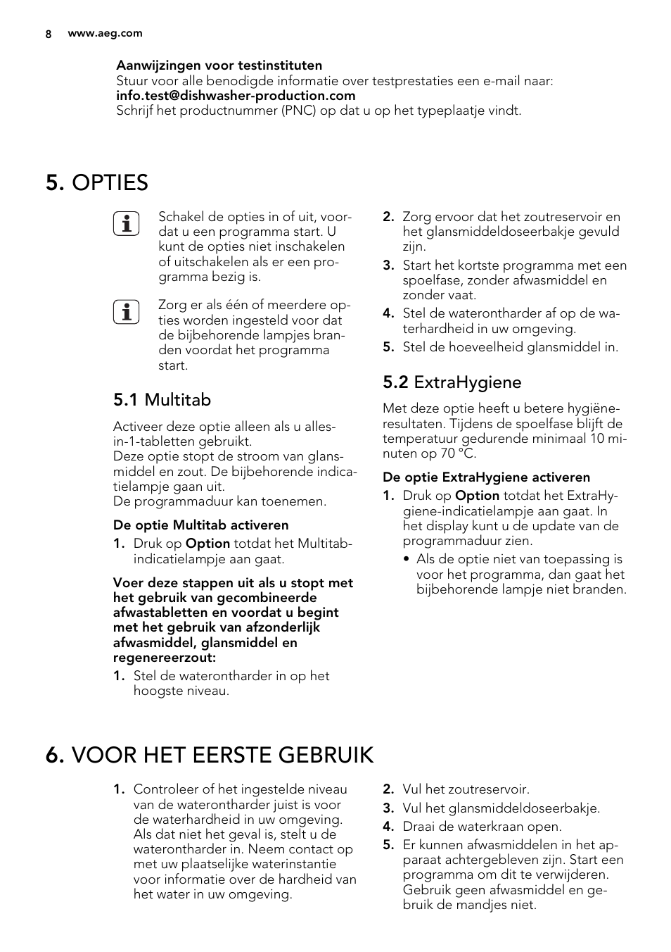 Opties, Voor het eerste gebruik, 1 multitab | 2 extrahygiene | AEG F67032IM0P User Manual | Page 8 / 68