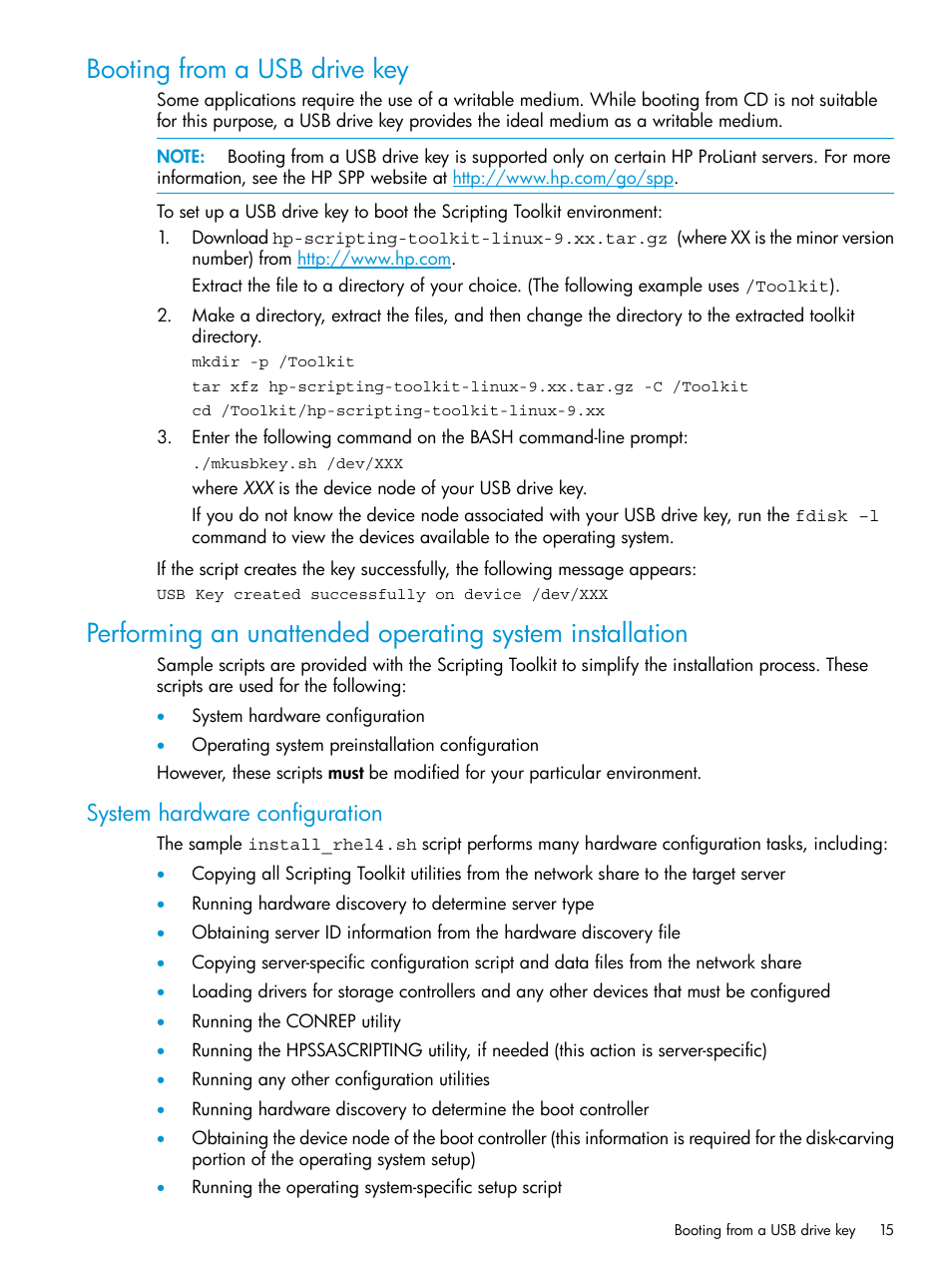 Booting from a usb drive key, System hardware configuration | HP Scripting Toolkit for Linux 9.60 User Manual | Page 15 / 69