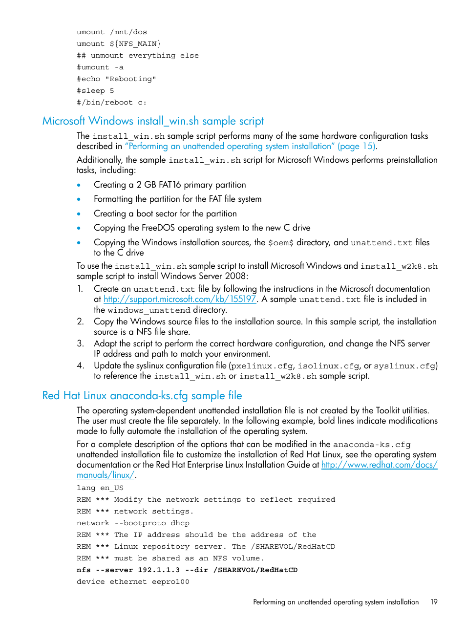 Microsoft windows install_win.sh sample script, Red hat linux anaconda-ks.cfg sample file | HP Scripting Toolkit for Linux 9.60 User Manual | Page 19 / 69