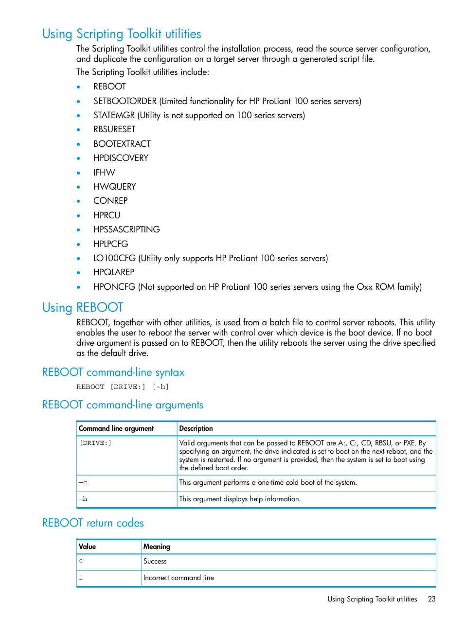 Using scripting toolkit utilities, Using reboot, Reboot command-line syntax | Reboot command-line arguments, Reboot return codes, Using scripting toolkit utilities using reboot | HP Scripting Toolkit for Linux 9.60 User Manual | Page 23 / 69