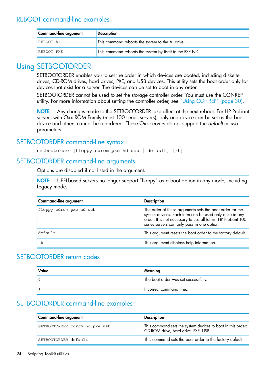 Reboot command-line examples, Using setbootorder, Setbootorder command-line syntax | Setbootorder command-line arguments, Setbootorder return codes, Setbootorder command-line examples | HP Scripting Toolkit for Linux 9.60 User Manual | Page 24 / 69