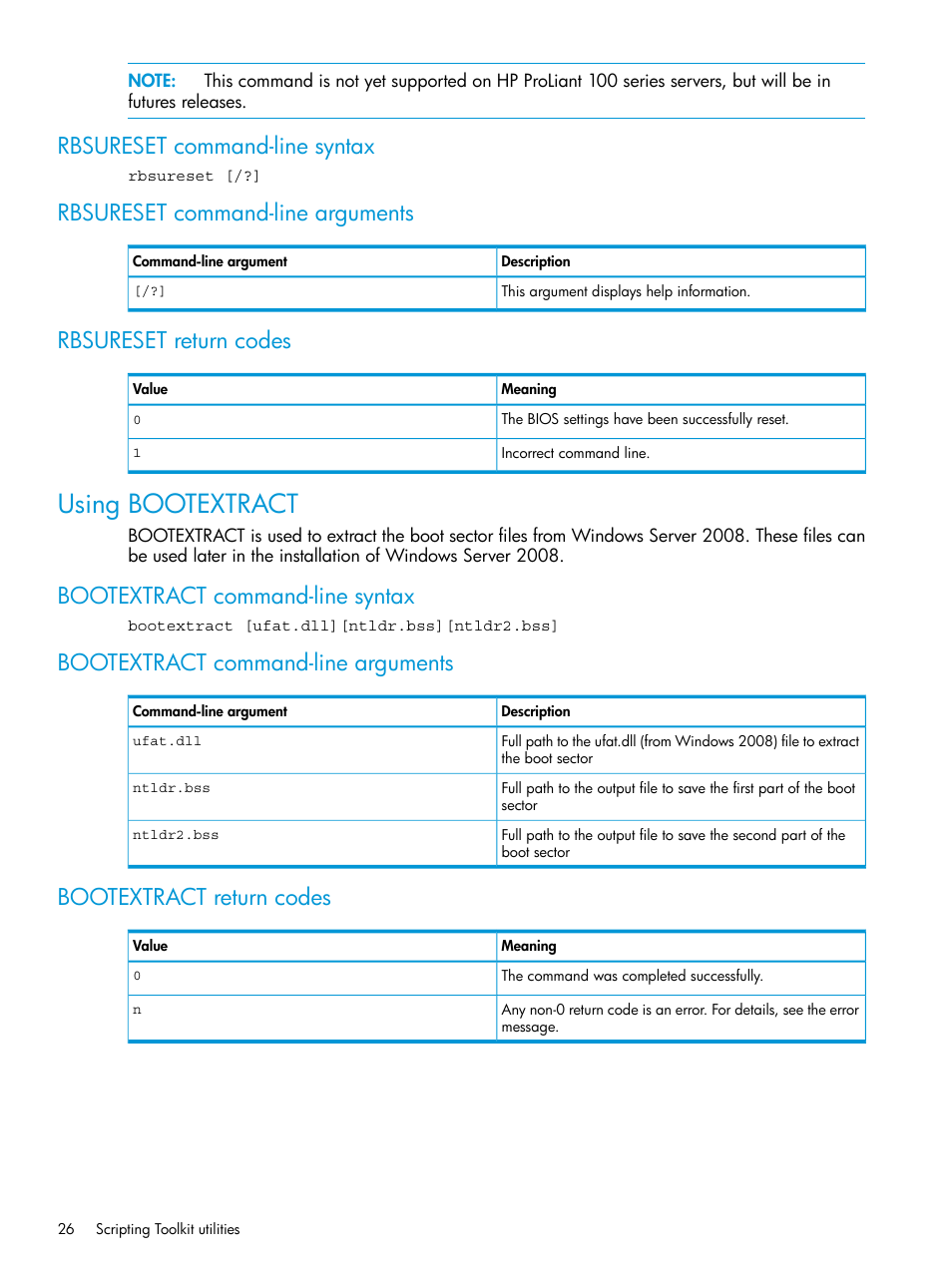 Rbsureset command-line syntax, Rbsureset command-line arguments, Rbsureset return codes | Using bootextract, Bootextract command-line syntax, Bootextract command-line arguments, Bootextract return codes | HP Scripting Toolkit for Linux 9.60 User Manual | Page 26 / 69