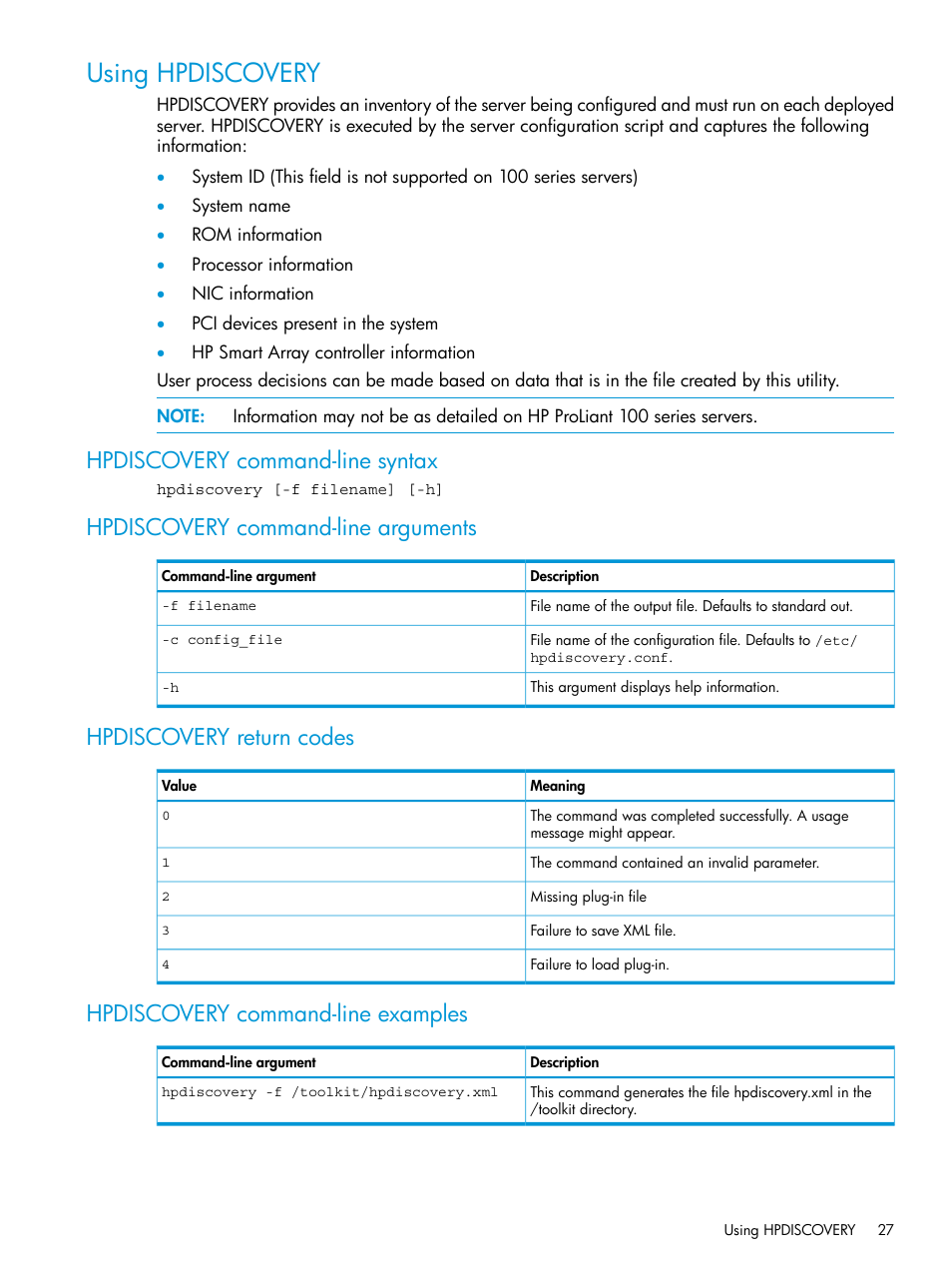 Using hpdiscovery, Hpdiscovery command-line syntax, Hpdiscovery command-line arguments | Hpdiscovery return codes, Hpdiscovery command-line examples | HP Scripting Toolkit for Linux 9.60 User Manual | Page 27 / 69