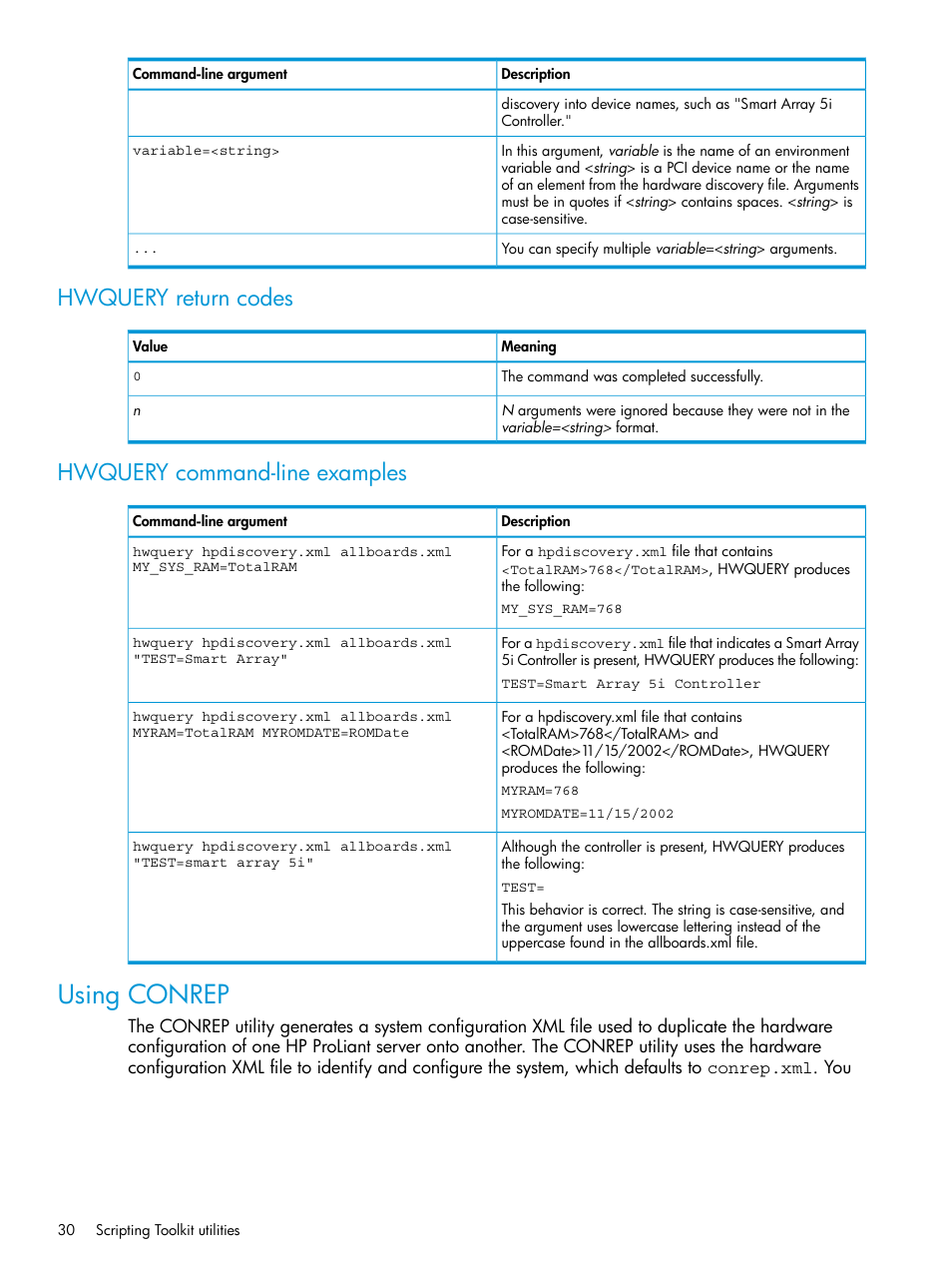 Hwquery return codes, Hwquery command-line examples, Using conrep | Hwquery return codes hwquery command-line examples | HP Scripting Toolkit for Linux 9.60 User Manual | Page 30 / 69