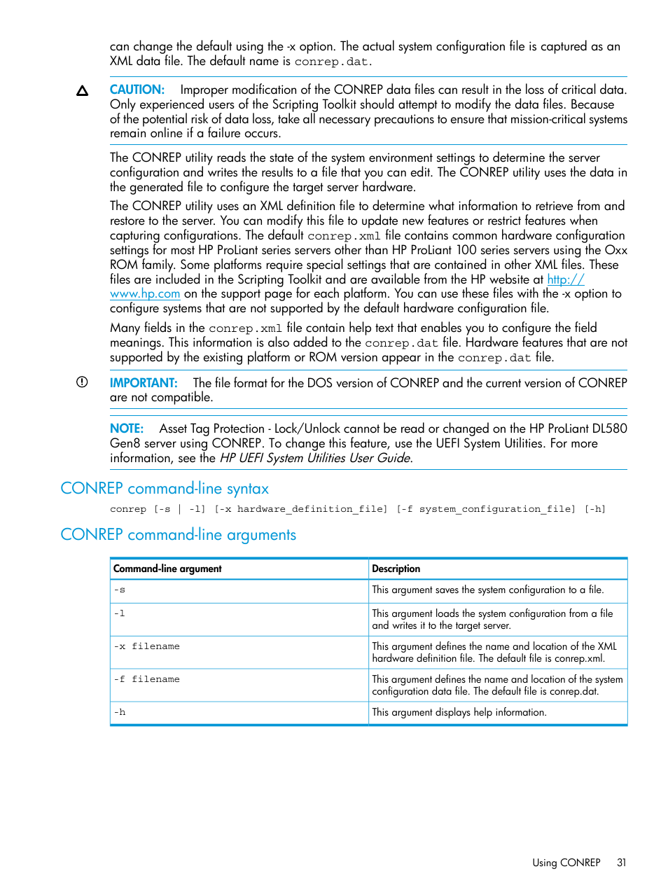 Conrep command-line syntax, Conrep command-line arguments | HP Scripting Toolkit for Linux 9.60 User Manual | Page 31 / 69