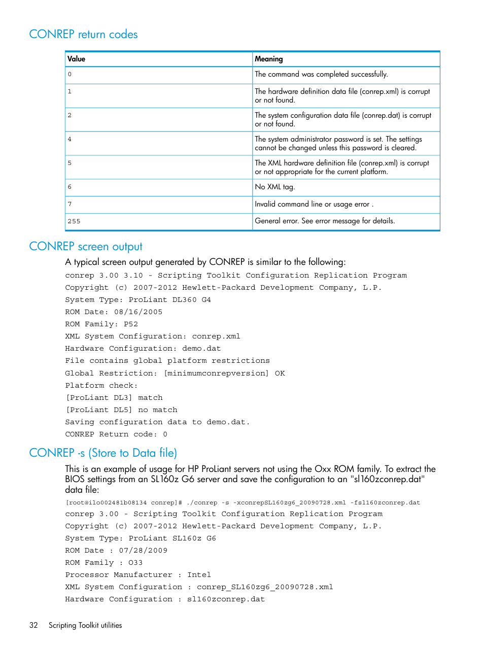 Conrep return codes, Conrep screen output, Conrep -s (store to data file) | HP Scripting Toolkit for Linux 9.60 User Manual | Page 32 / 69