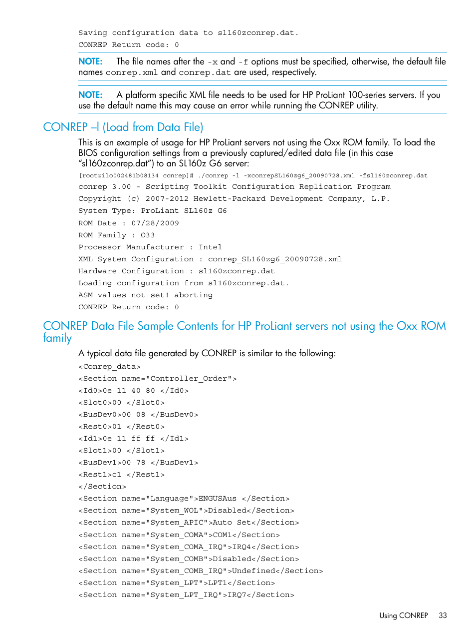 Conrep –l (load from data file) | HP Scripting Toolkit for Linux 9.60 User Manual | Page 33 / 69