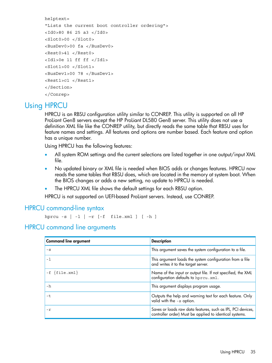 Using hprcu, Hprcu command-line syntax, Hprcu command line arguments | HP Scripting Toolkit for Linux 9.60 User Manual | Page 35 / 69