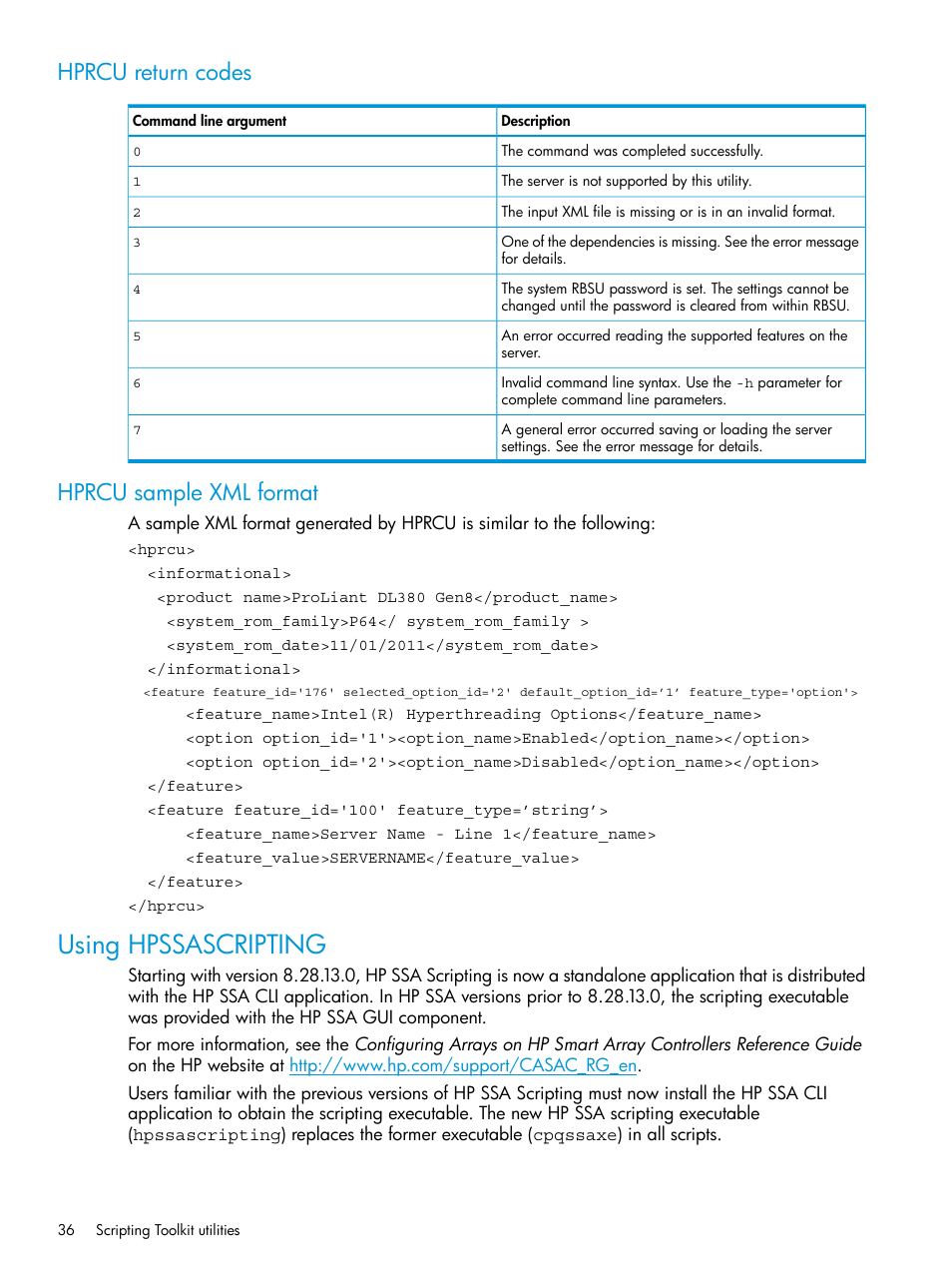 Hprcu return codes, Hprcu sample xml format, Using hpssascripting | Hprcu return codes hprcu sample xml format | HP Scripting Toolkit for Linux 9.60 User Manual | Page 36 / 69