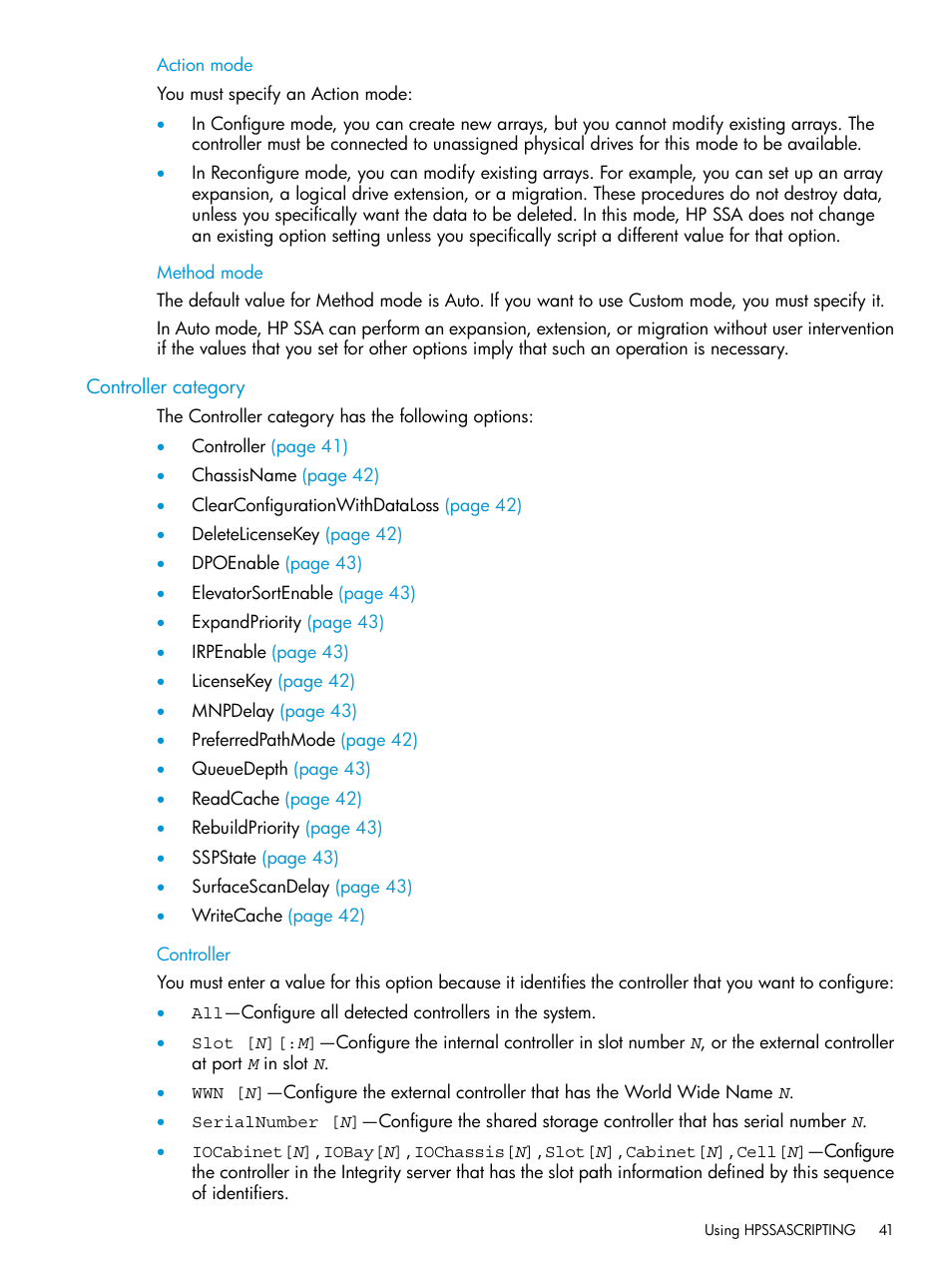 Action mode, Method mode, Controller category | Controller, Action mode method mode | HP Scripting Toolkit for Linux 9.60 User Manual | Page 41 / 69