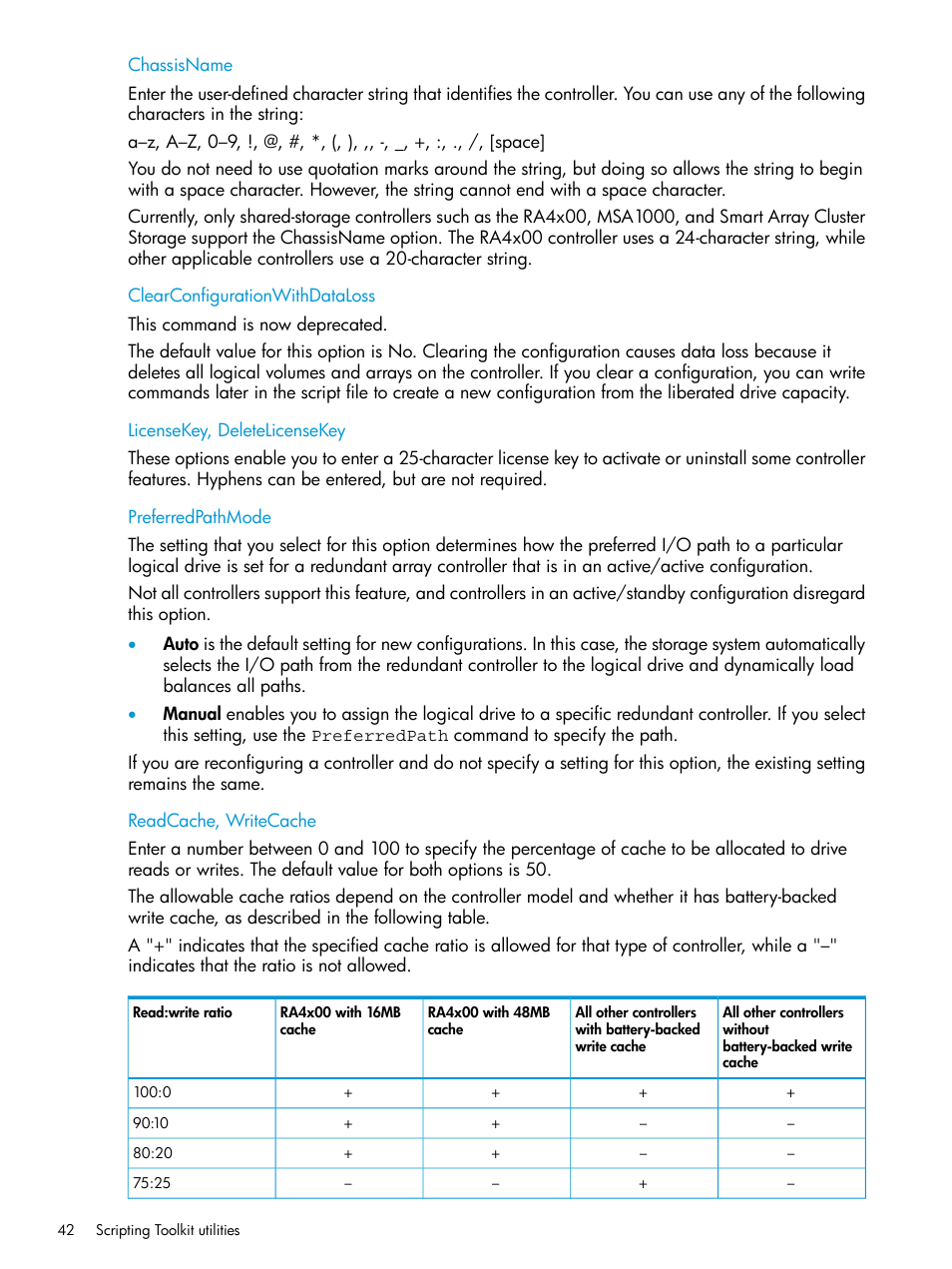 Chassisname, Clearconfigurationwithdataloss, Licensekey, deletelicensekey | Preferredpathmode, Readcache, writecache | HP Scripting Toolkit for Linux 9.60 User Manual | Page 42 / 69