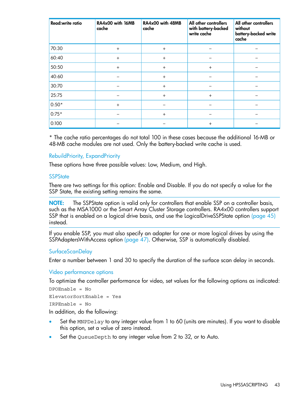 Rebuildpriority, expandpriority, Sspstate, Surfacescandelay | Video performance options | HP Scripting Toolkit for Linux 9.60 User Manual | Page 43 / 69
