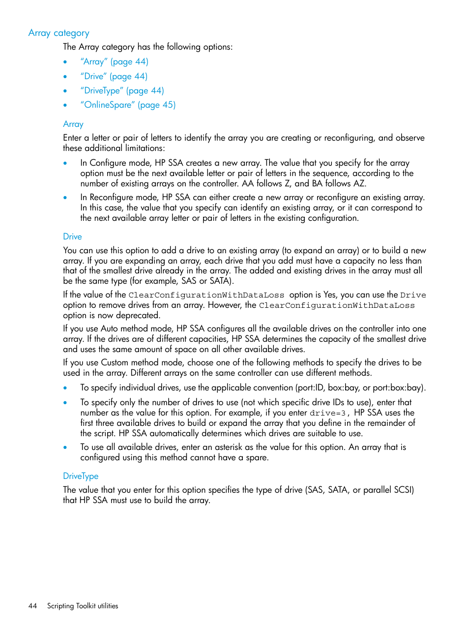 Array category, Array, Drive | Drivetype, Array drive drivetype | HP Scripting Toolkit for Linux 9.60 User Manual | Page 44 / 69