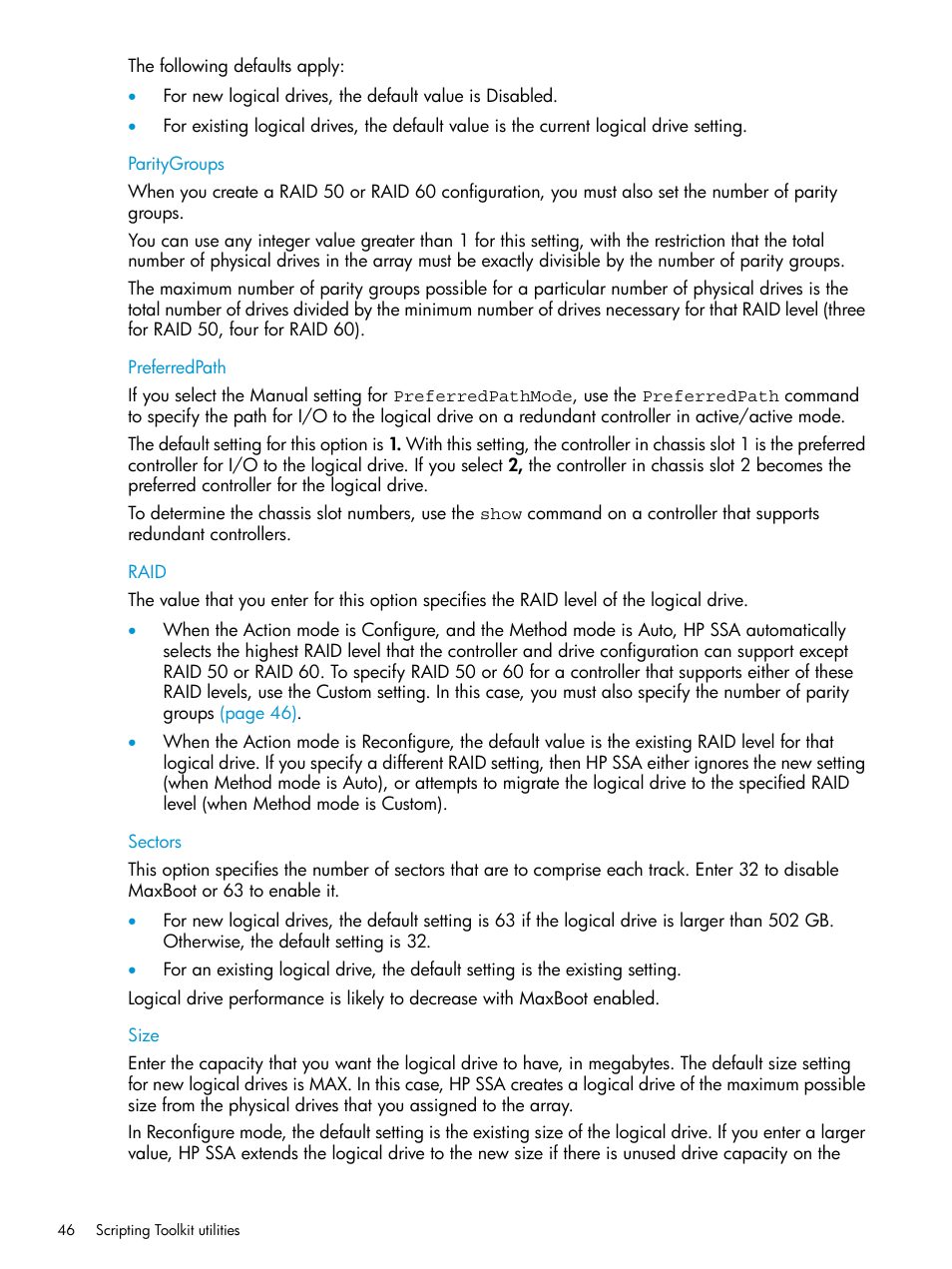 Paritygroups, Preferredpath, Raid | Sectors, Size, Paritygroups preferredpath raid sectors size | HP Scripting Toolkit for Linux 9.60 User Manual | Page 46 / 69