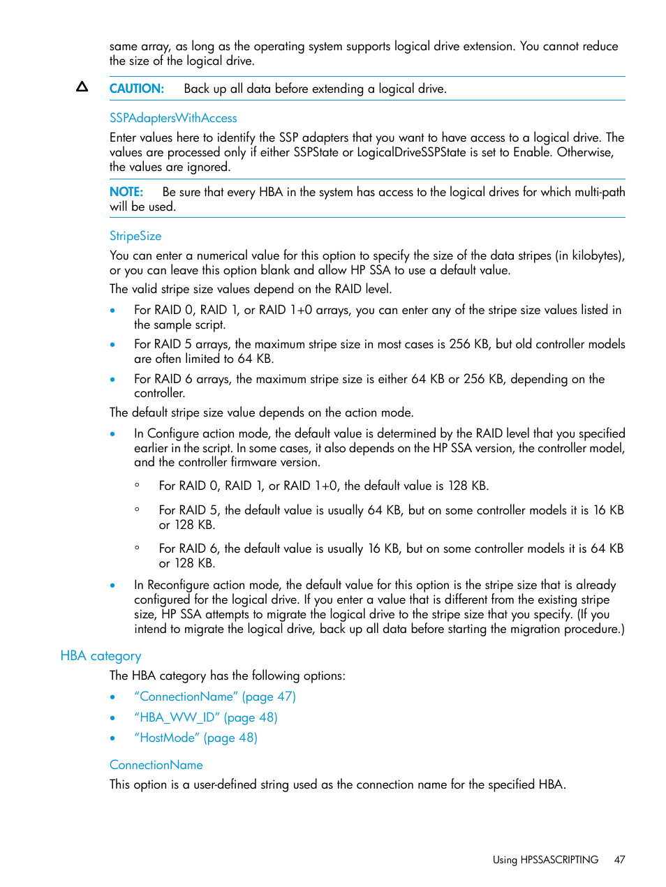 Sspadapterswithaccess, Stripesize, Hba category | Connectionname, Sspadapterswithaccess stripesize | HP Scripting Toolkit for Linux 9.60 User Manual | Page 47 / 69
