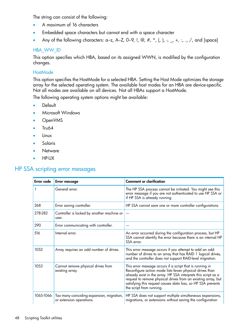 Hba_ww_id, Hostmode, Hp ssa scripting error messages | Hba_ww_id hostmode | HP Scripting Toolkit for Linux 9.60 User Manual | Page 48 / 69