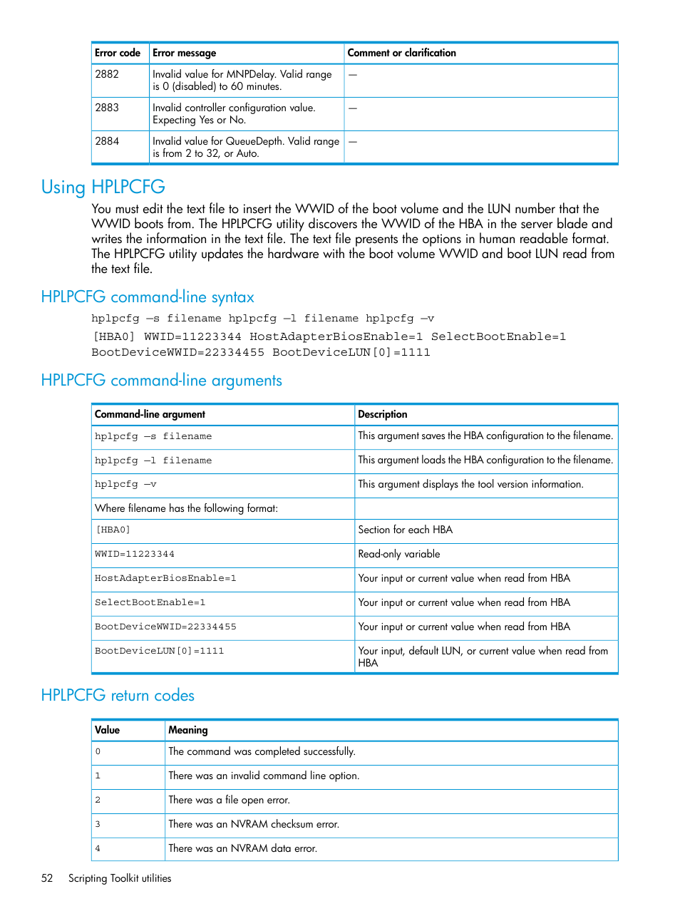 Using hplpcfg, Hplpcfg command-line syntax, Hplpcfg command-line arguments | Hplpcfg return codes | HP Scripting Toolkit for Linux 9.60 User Manual | Page 52 / 69