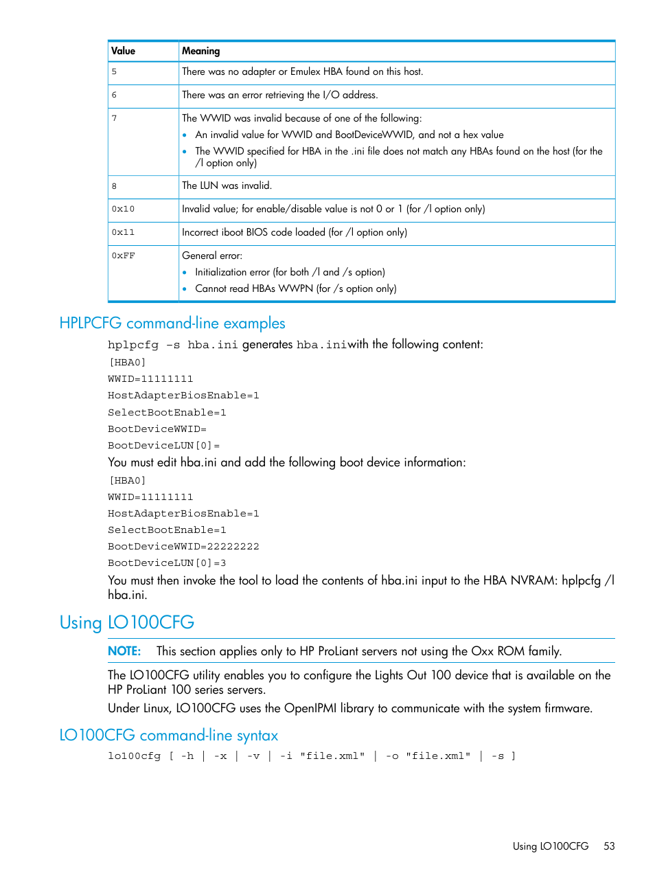 Hplpcfg command-line examples, Using lo100cfg, Lo100cfg command-line syntax | HP Scripting Toolkit for Linux 9.60 User Manual | Page 53 / 69