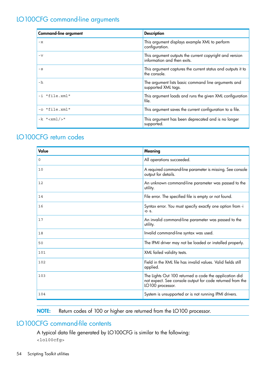Lo100cfg command-line arguments, Lo100cfg return codes, Lo100cfg command-file contents | HP Scripting Toolkit for Linux 9.60 User Manual | Page 54 / 69
