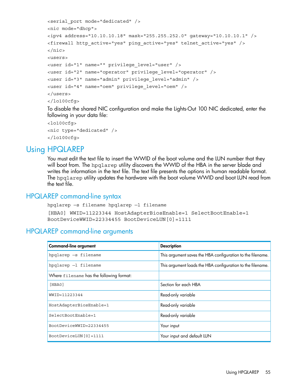 Using hpqlarep, Hpqlarep command-line syntax, Hpqlarep command-line arguments | HP Scripting Toolkit for Linux 9.60 User Manual | Page 55 / 69