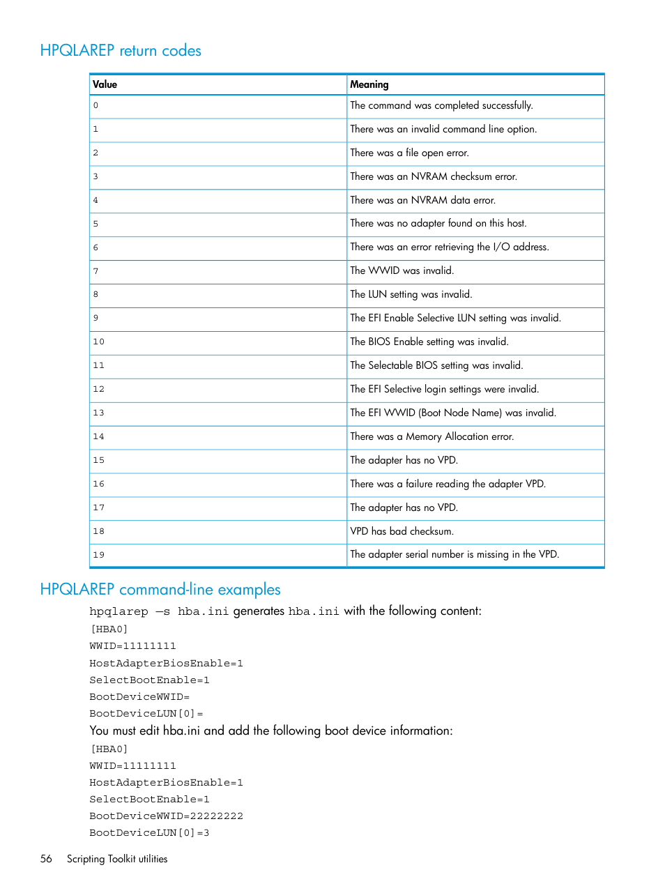 Hpqlarep return codes, Hpqlarep command-line examples | HP Scripting Toolkit for Linux 9.60 User Manual | Page 56 / 69