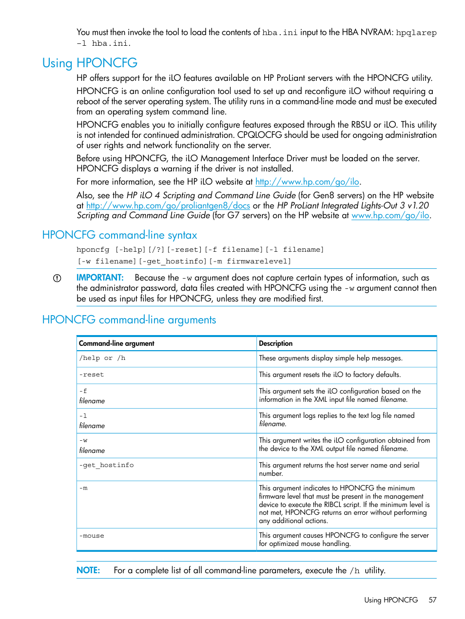 Using hponcfg, Hponcfg command-line syntax, Hponcfg command-line arguments | HP Scripting Toolkit for Linux 9.60 User Manual | Page 57 / 69