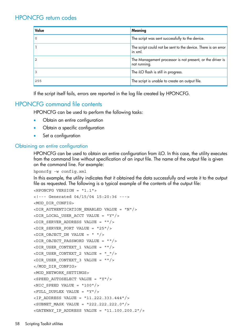 Hponcfg return codes, Hponcfg command file contents, Obtaining an entire configuration | Hponcfg return codes hponcfg command file contents | HP Scripting Toolkit for Linux 9.60 User Manual | Page 58 / 69