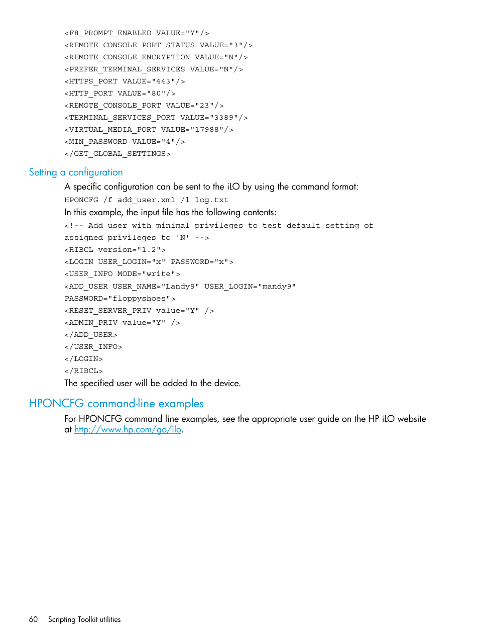 Setting a configuration, Hponcfg command-line examples | HP Scripting Toolkit for Linux 9.60 User Manual | Page 60 / 69