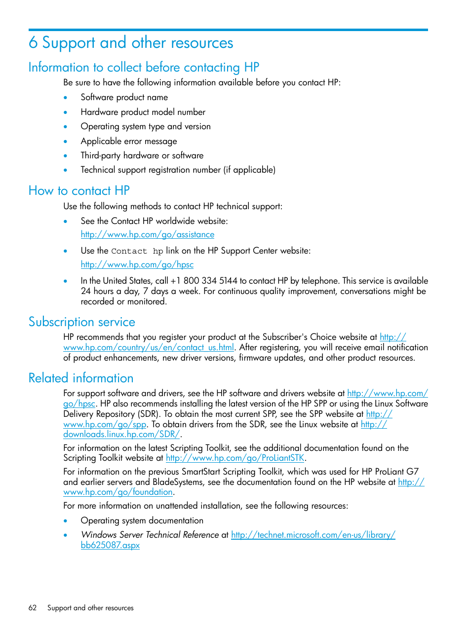 6 support and other resources, Information to collect before contacting hp, How to contact hp | Subscription service, Related information | HP Scripting Toolkit for Linux 9.60 User Manual | Page 62 / 69