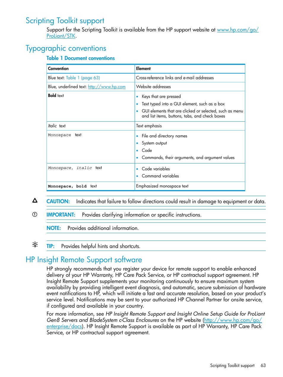 Scripting toolkit support, Typographic conventions, Hp insight remote support software | HP Scripting Toolkit for Linux 9.60 User Manual | Page 63 / 69