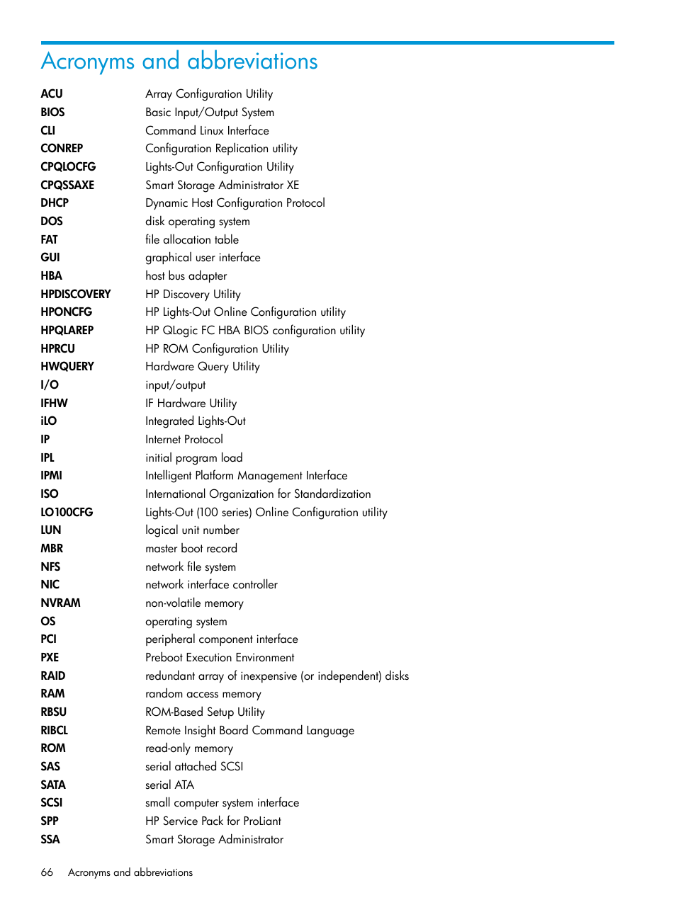 Acronyms and abbreviations | HP Scripting Toolkit for Linux 9.60 User Manual | Page 66 / 69
