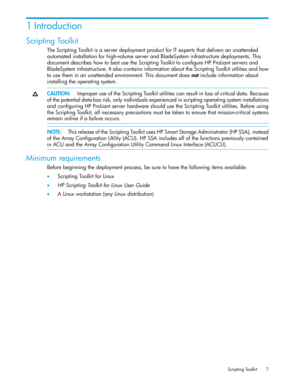 1 introduction, Scripting toolkit, Minimum requirements | Scripting toolkit minimum requirements | HP Scripting Toolkit for Linux 9.60 User Manual | Page 7 / 69
