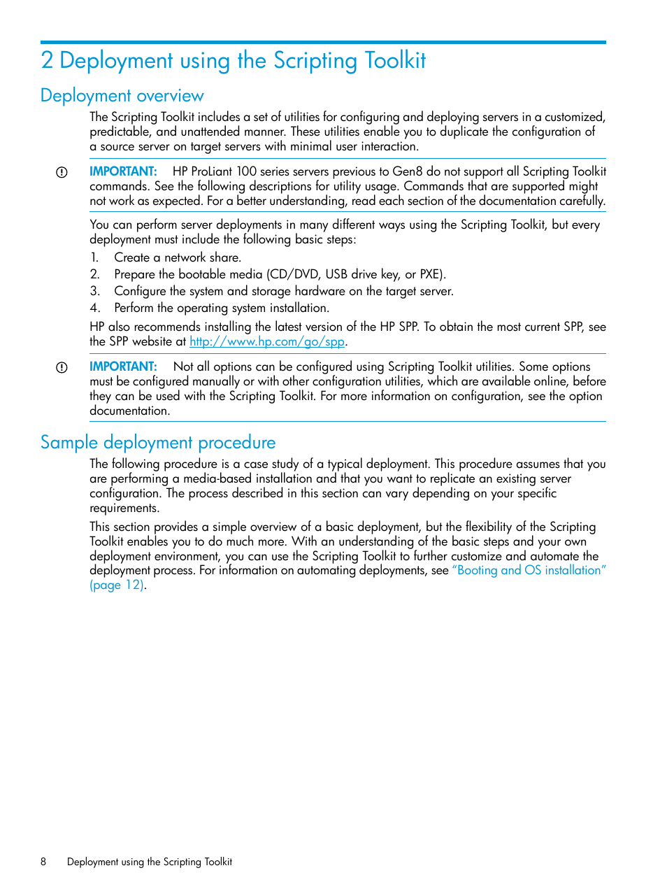 2 deployment using the scripting toolkit, Deployment overview, Sample deployment procedure | Deployment overview sample deployment procedure | HP Scripting Toolkit for Linux 9.60 User Manual | Page 8 / 69
