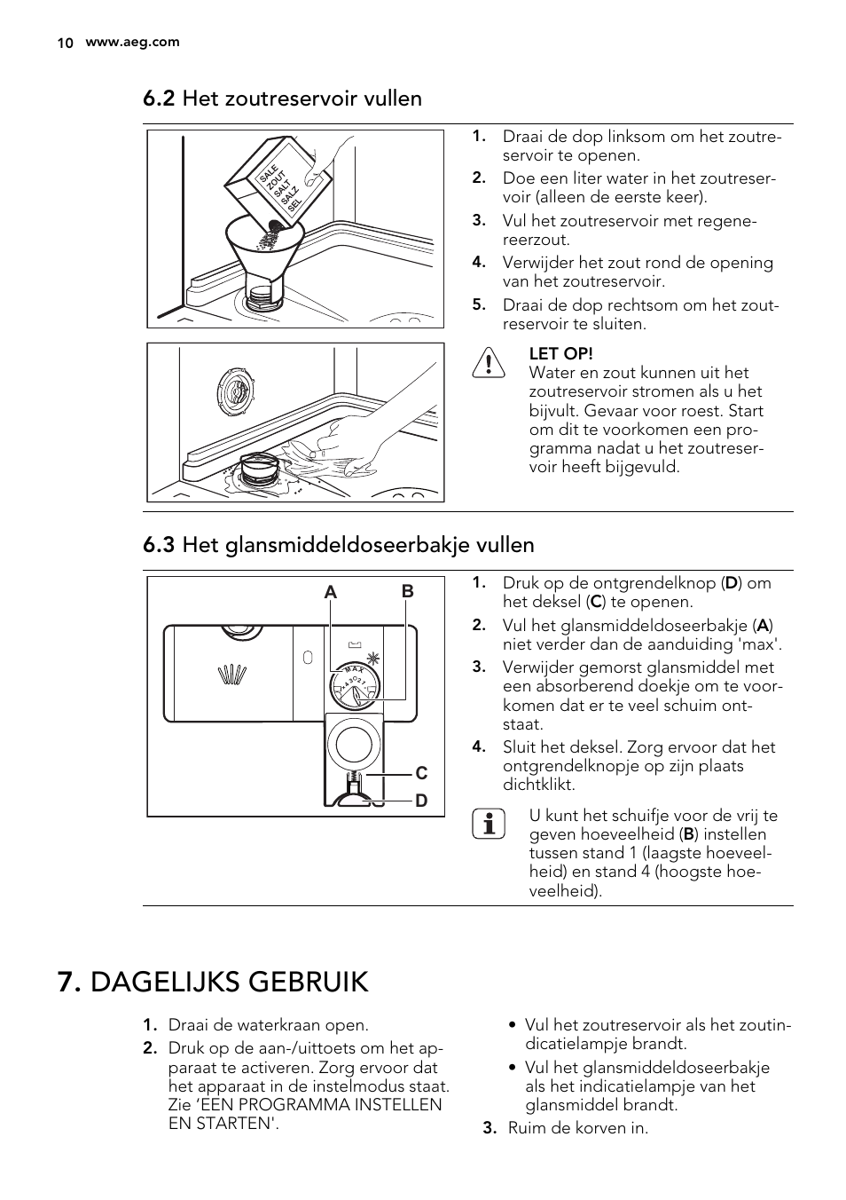 Dagelijks gebruik, 2 het zoutreservoir vullen, 3 het glansmiddeldoseerbakje vullen | AEG F65050IM0P User Manual | Page 10 / 68