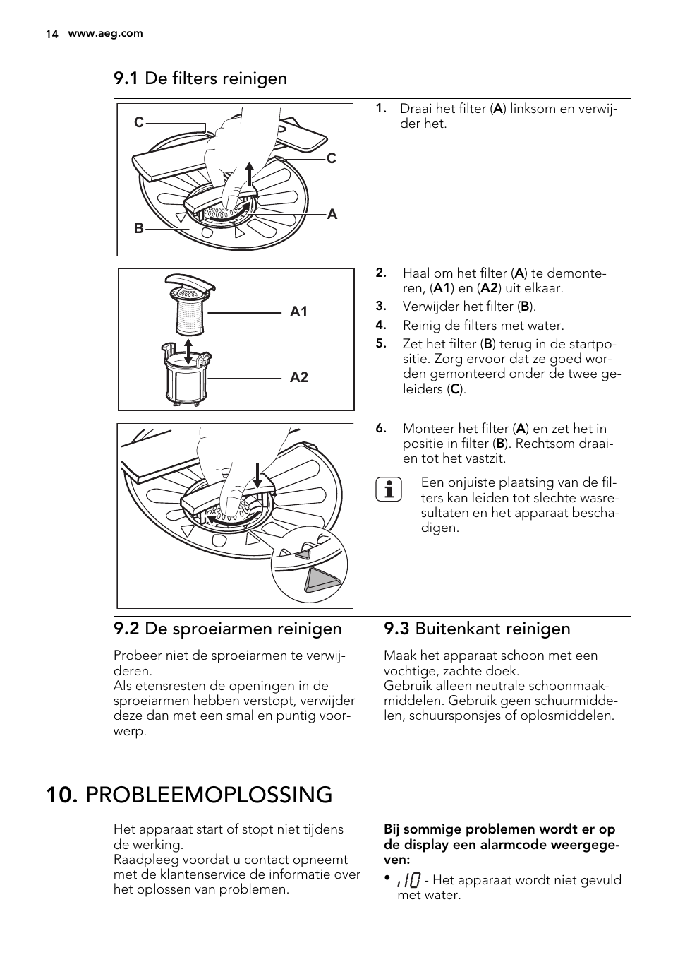Probleemoplossing, 1 de filters reinigen, 2 de sproeiarmen reinigen | 3 buitenkant reinigen | AEG F65050IM0P User Manual | Page 14 / 68