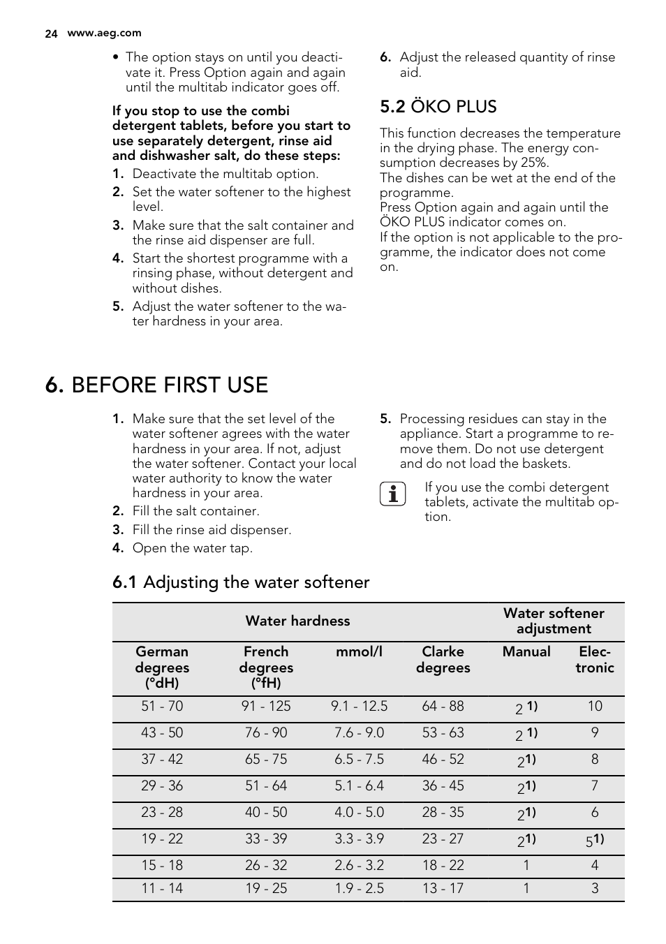 Before first use, 2 öko plus, 1 adjusting the water softener | AEG F65050IM0P User Manual | Page 24 / 68
