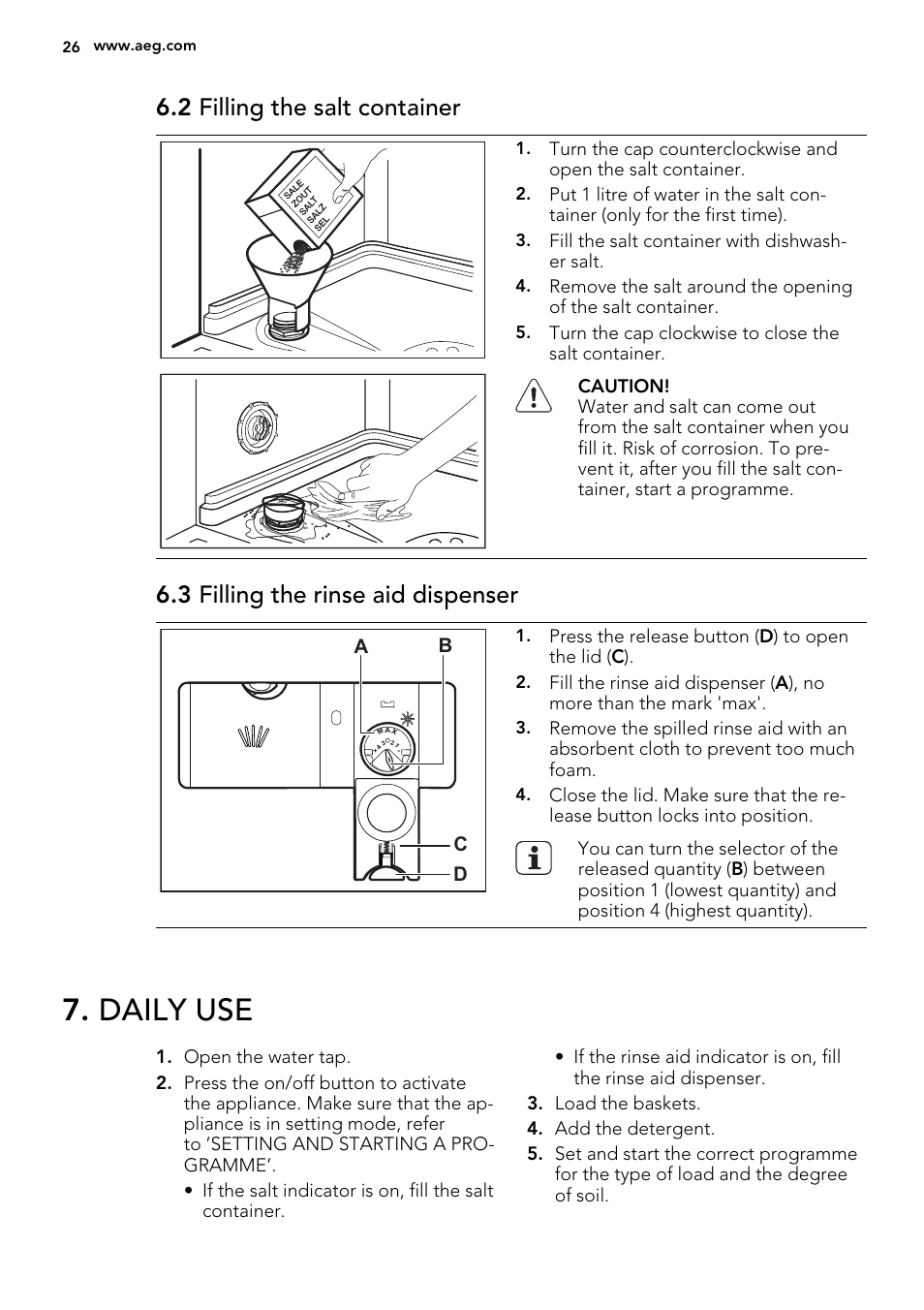 Daily use, 2 filling the salt container, 3 filling the rinse aid dispenser | AEG F65050IM0P User Manual | Page 26 / 68