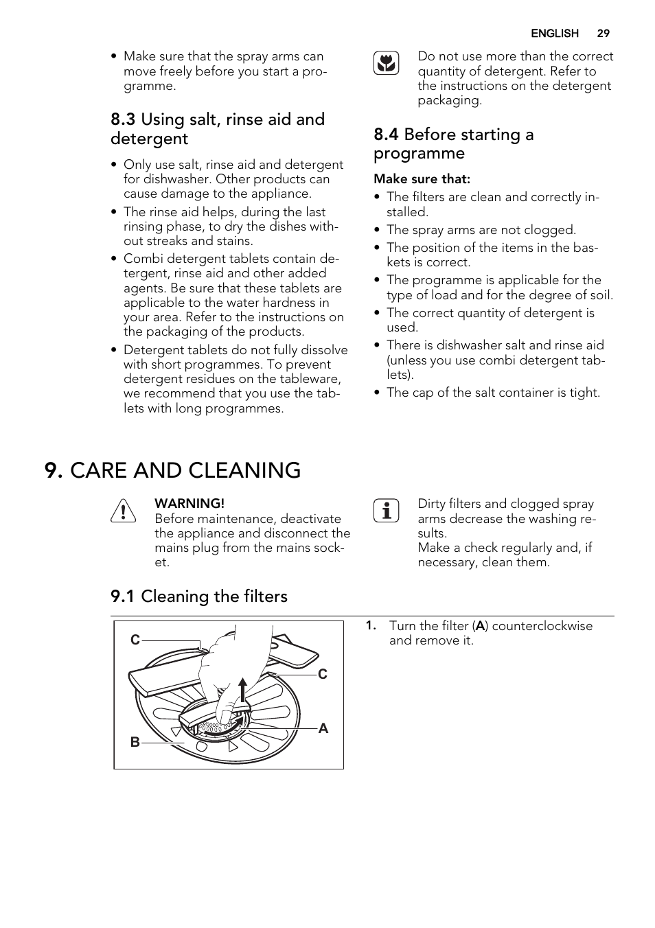 Care and cleaning, 3 using salt, rinse aid and detergent, 4 before starting a programme | 1 cleaning the filters | AEG F65050IM0P User Manual | Page 29 / 68