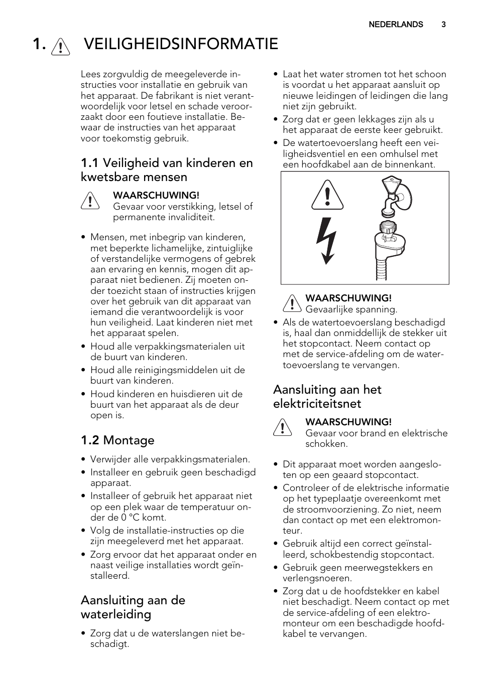Veiligheidsinformatie, 1 veiligheid van kinderen en kwetsbare mensen, 2 montage | Aansluiting aan de waterleiding, Aansluiting aan het elektriciteitsnet | AEG F65050IM0P User Manual | Page 3 / 68